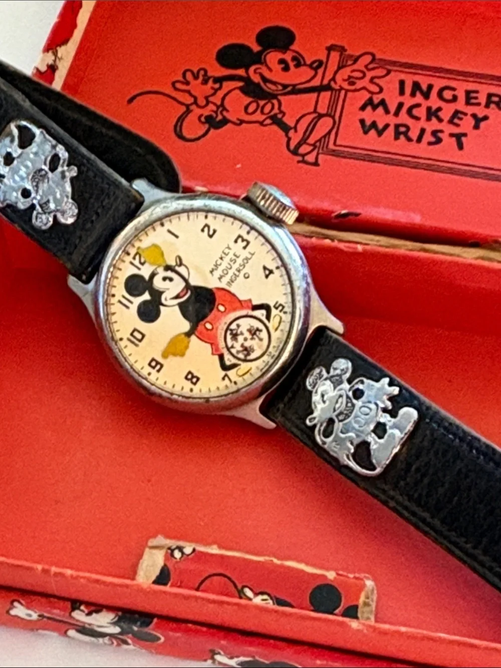 Ingersoll Mickey Mouse 1930’s Leather Strap Watch with Original Red Box